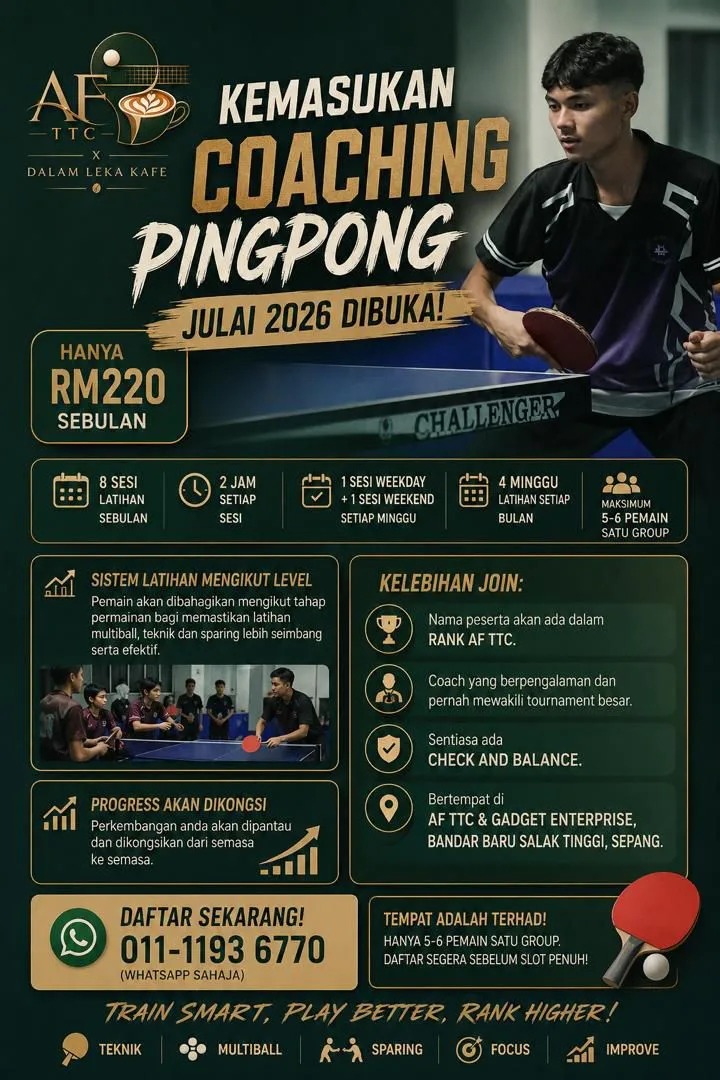Poster coaching pingpong AFTTC — kemasukan Julai 2026, RM 220 sebulan, 8 sesi sebulan, maksimum 5–6 pemain satu kumpulan, latihan ikut level
