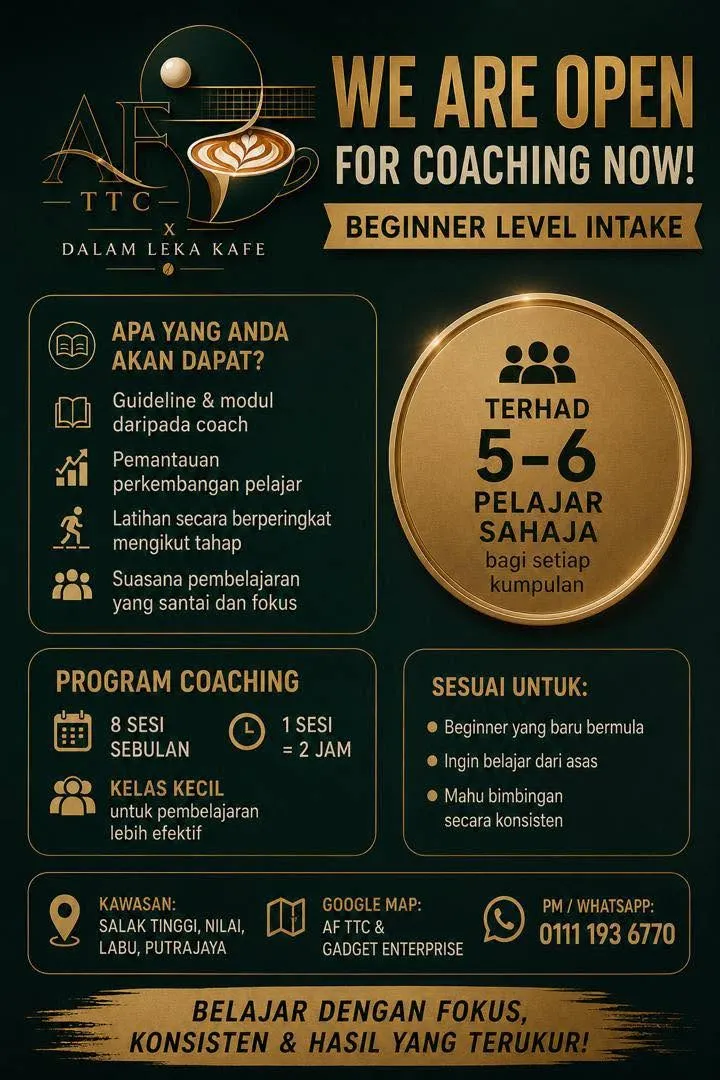 Poster program coaching AFTTC — 8 sesi sebulan, 5–6 pelajar setiap kumpulan, kemasukan beginner