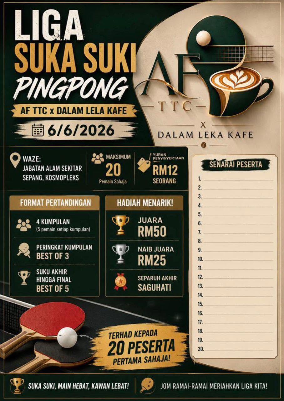 Poster Liga Suka Suki Pingpong Siri 1 — 6 Jun 2026 di AFTTC x Dalam Leka Kafe, 20 pemain, yuran RM 12