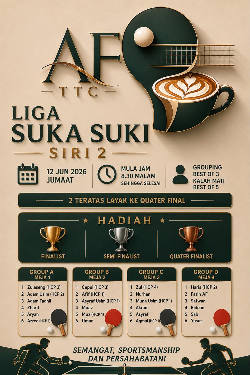 Poster Liga Suka Suki Siri 2 — 12 Jun 2026, 8.30 malam di AFTTC x Dalam Leka Kafe