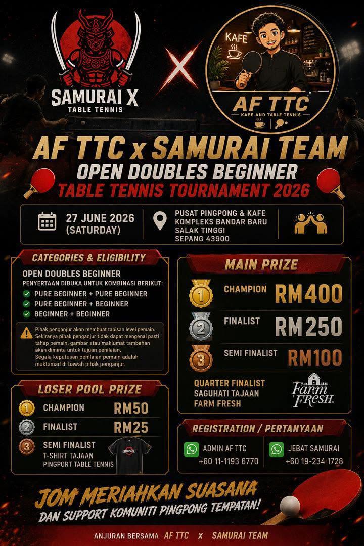 AF TTC x Samurai Team Open Doubles Beginner Table Tennis Tournament 2026 poster — 27 June 2026